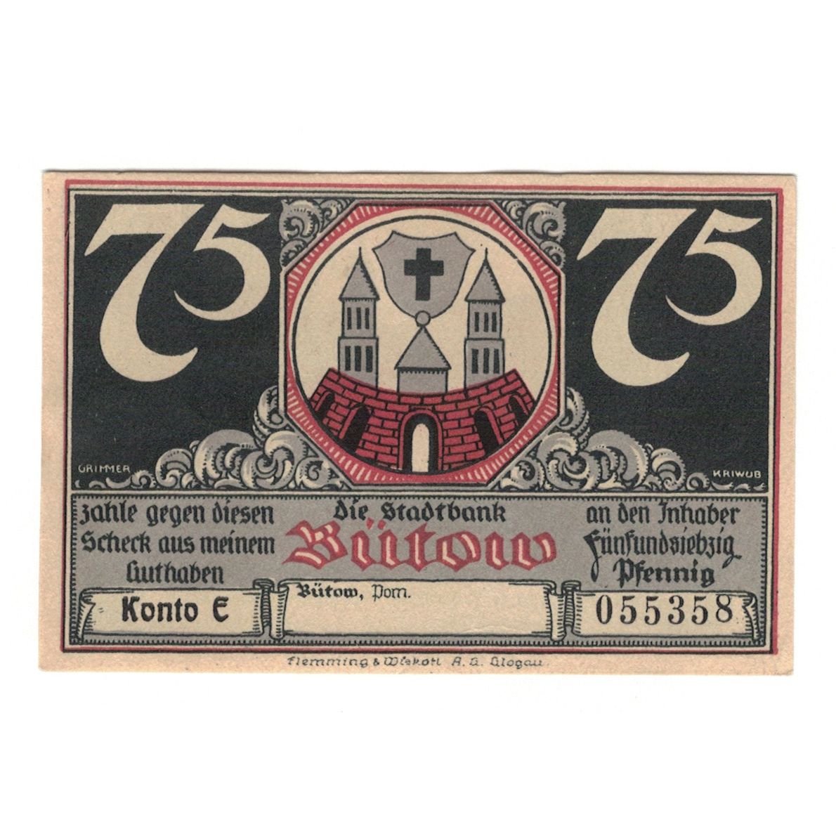 Geldschein, Deutschland, Bütow, 75 Pfennig, maison 2, 1922, VZ+, Mehl:204.1b
