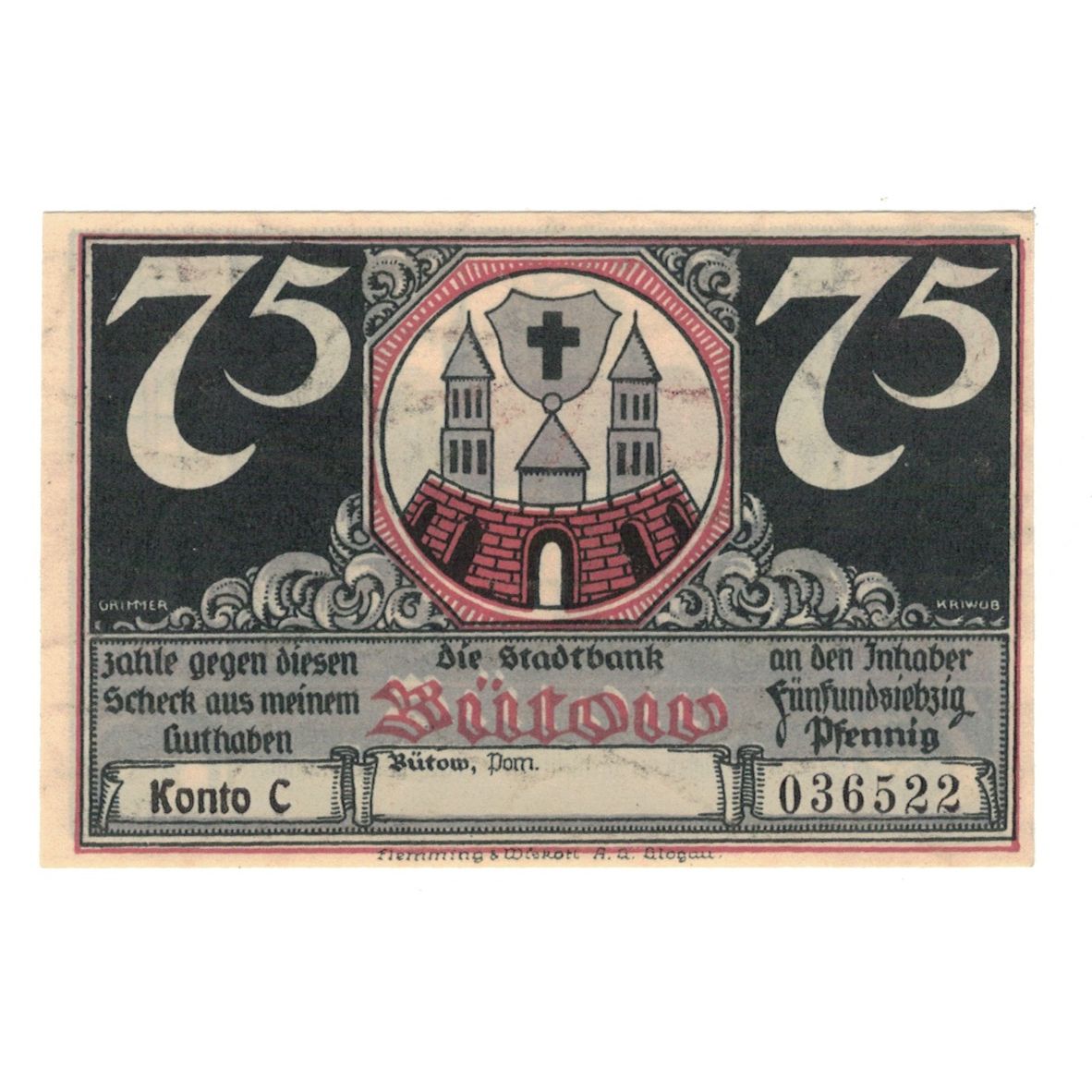 Banknot, Niemcy, Bütow, 75 Pfennig, maison 3, 1922, UNC(60-62), Mehl:204.1b