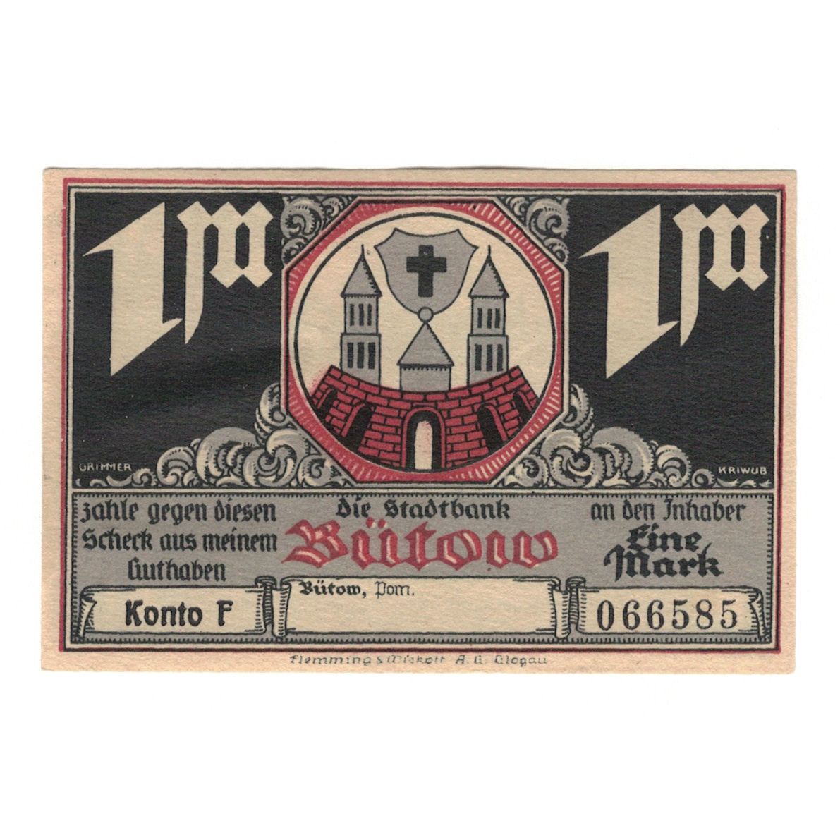 Banknot, Niemcy, Bütow, 1 Mark, village 1, 1922, UNC(60-62), Mehl:204.1b