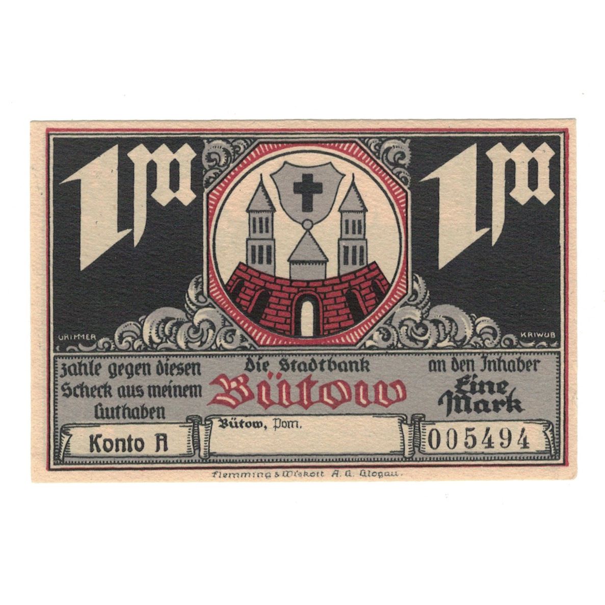 Banknot, Niemcy, Bütow, 1 Mark, village 2, 1922, UNC(60-62), Mehl:204.1b