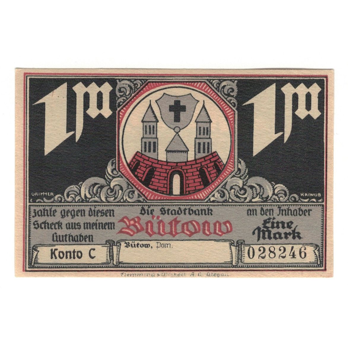 Banknot, Niemcy, Bütow, 1 Mark, Village 3, 1922, UNC(60-62), Mehl:204.1b