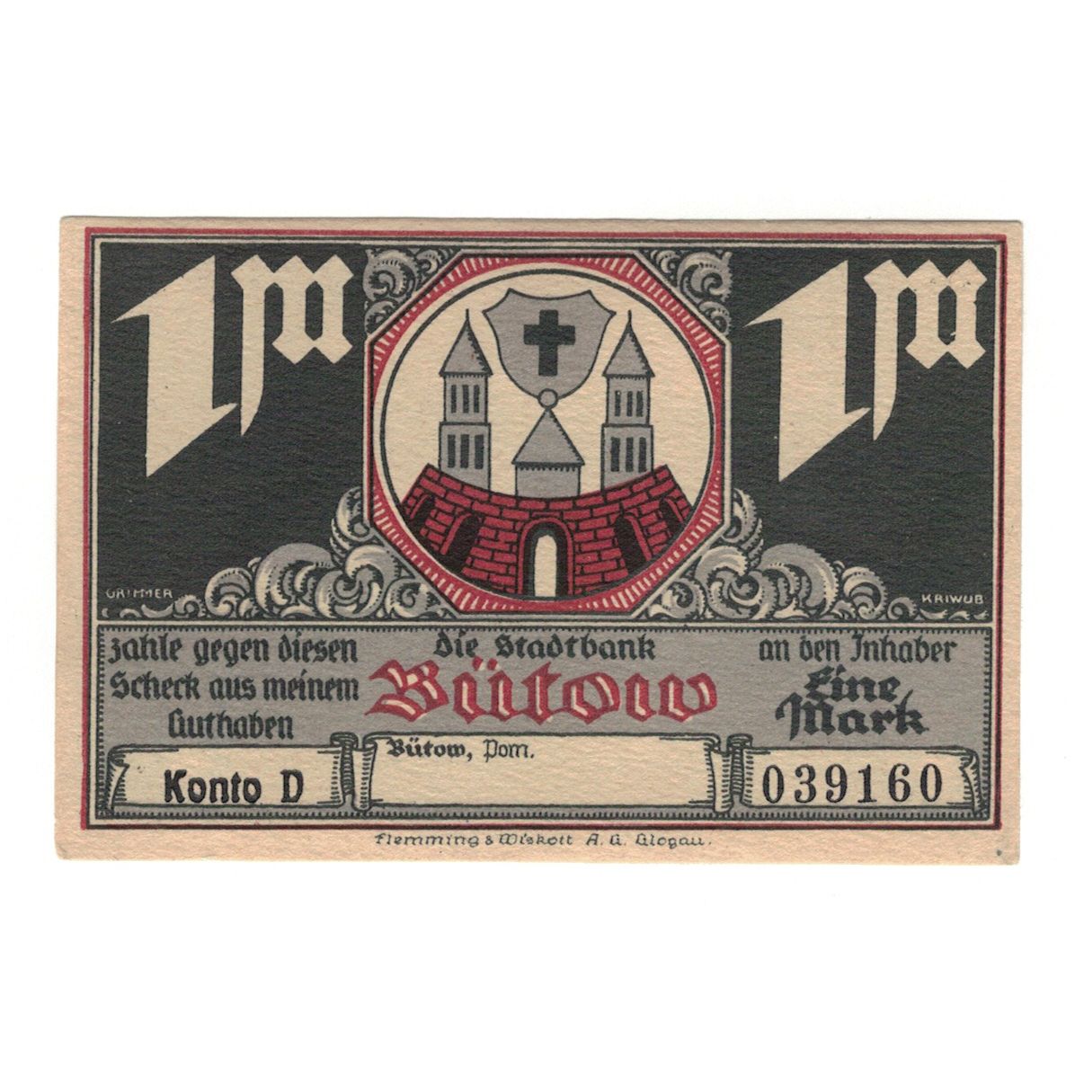 Banknot, Niemcy, Bütow, 1 Mark, Village 4, 1922, UNC(60-62), Mehl:204.1b