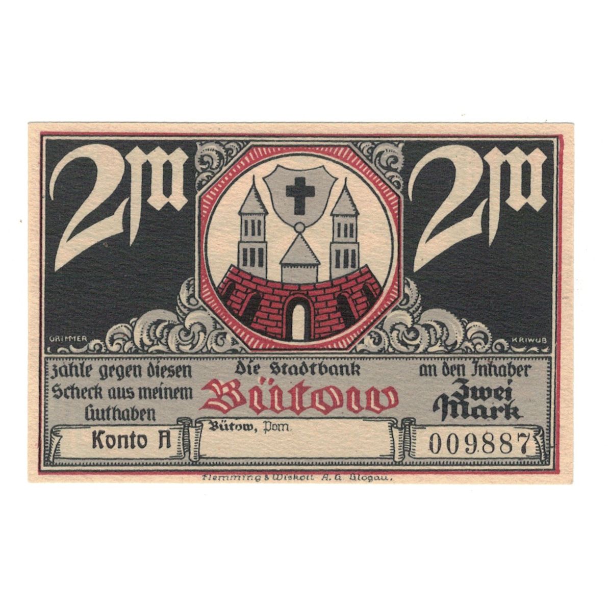 Banknot, Niemcy, Bütow, 2 Mark, pont, 1922, UNC(60-62), Mehl:204.1b