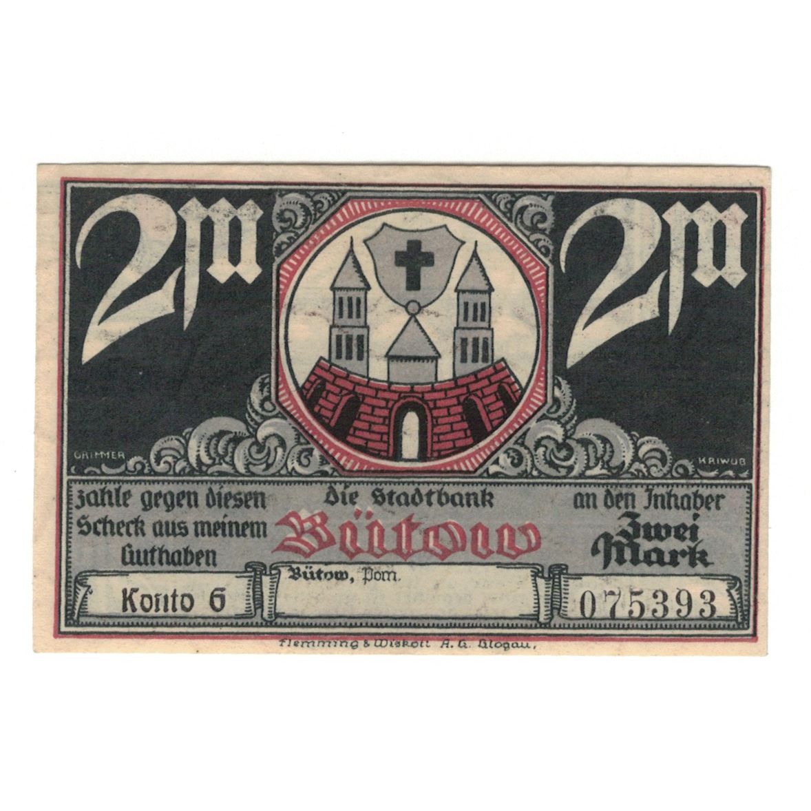Banknot, Niemcy, Bütow, 2 Mark, pont 1, 1922, UNC(60-62), Mehl:204.1b