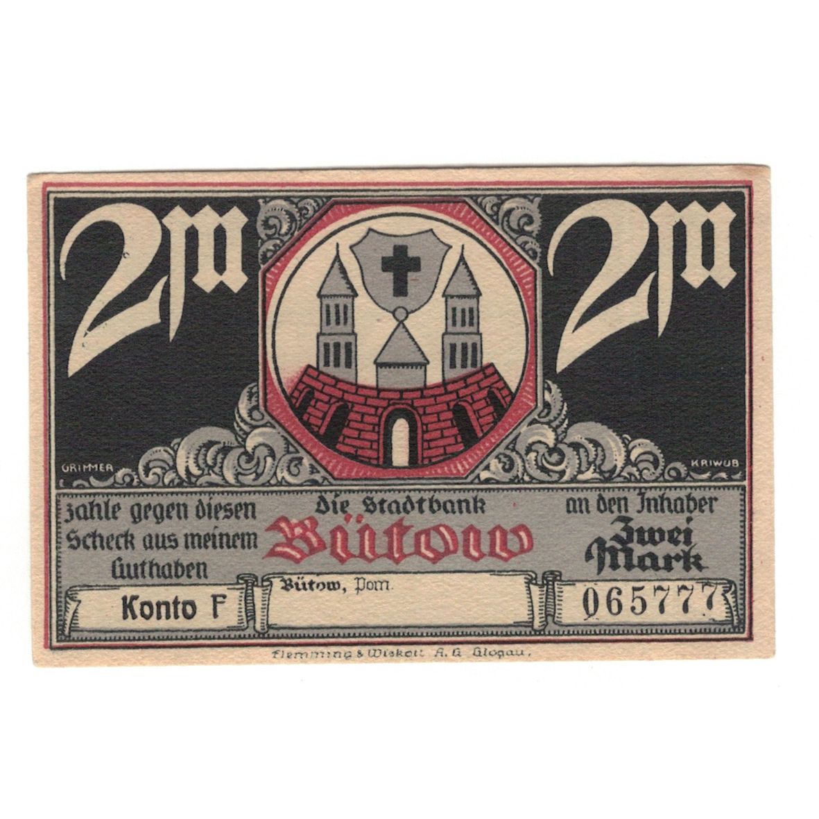 Banknot, Niemcy, Bütow, 2 Mark, Pont 2, 1922, UNC(60-62), Mehl:204.1b
