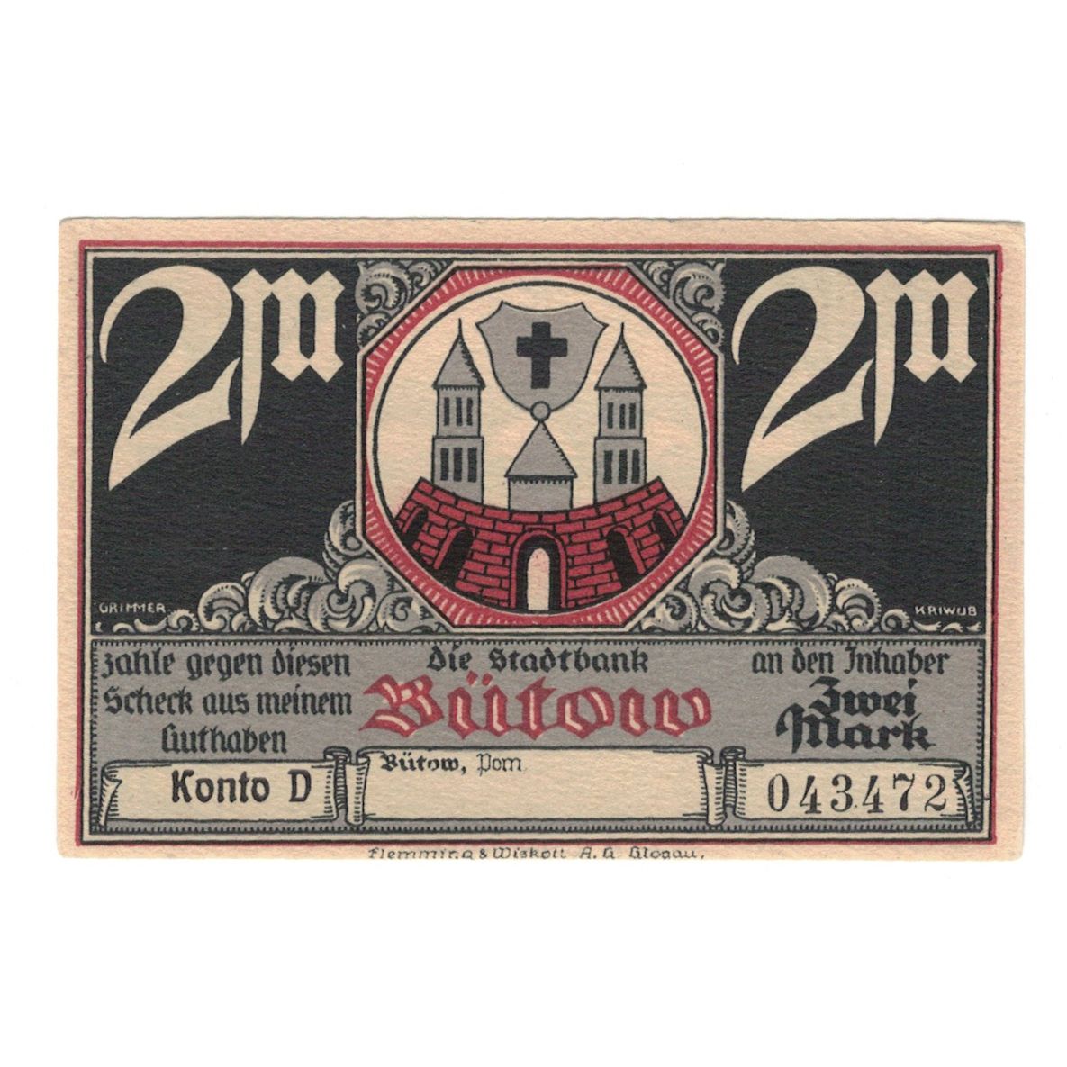 Banknot, Niemcy, Bütow, 2 Mark, Pont 3, 1922, UNC(60-62), Mehl:204.1b