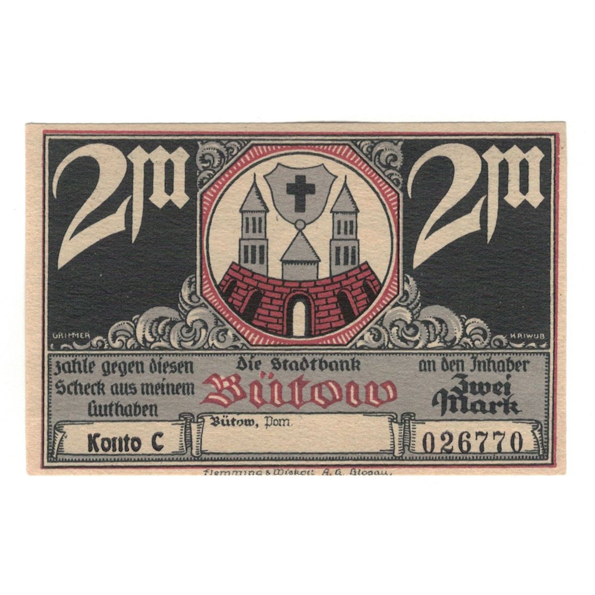 Banknot, Niemcy, Bütow, 2 Mark, Pont 5, 1922, UNC(60-62), Mehl:204.1b