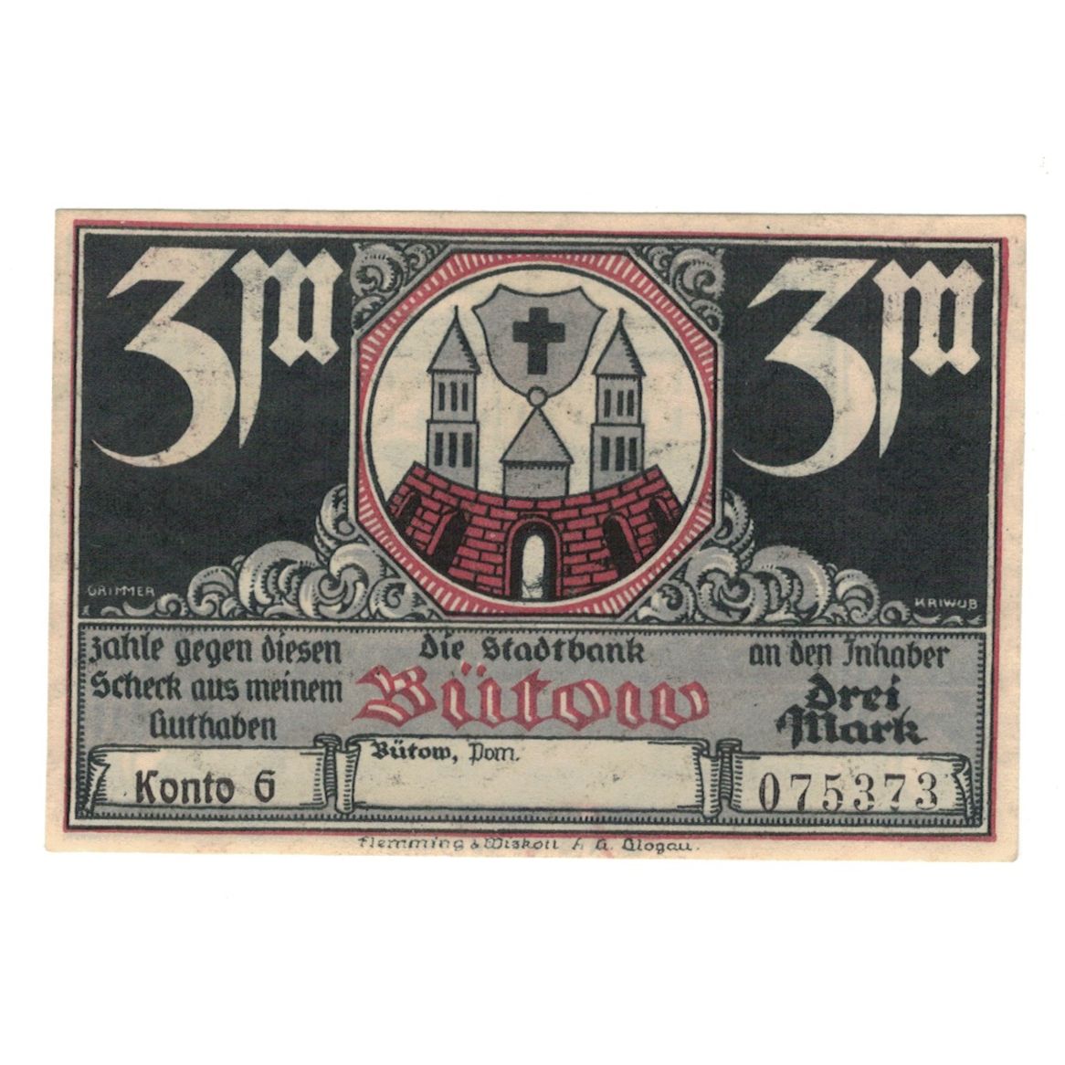 Banknot, Niemcy, Bütow, 3 Mark, Batiment, 1922, UNC(60-62), Mehl:204.1b