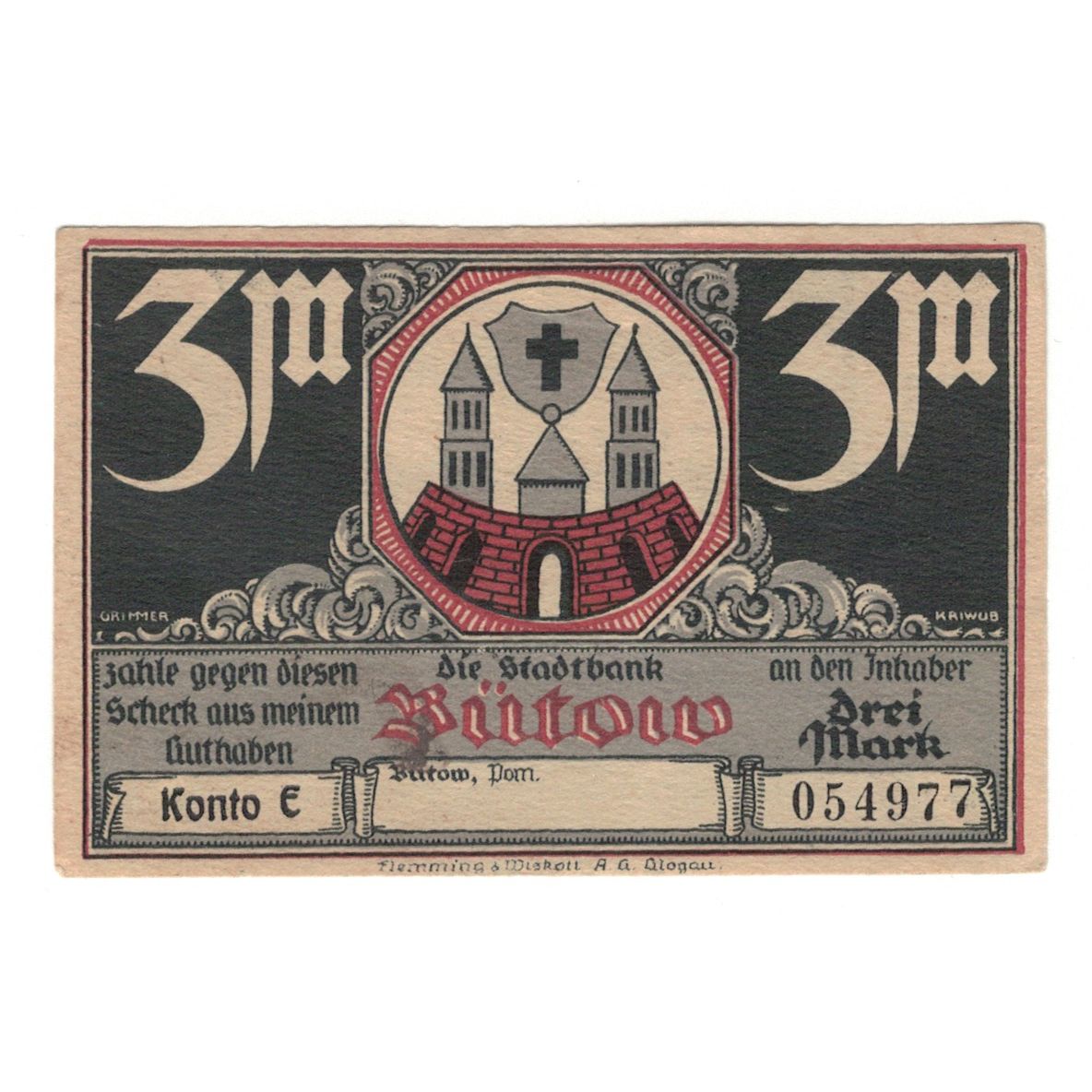 Banconote, Germania, Bütow, 3 Mark, batiment 1, 1922, SPL, Mehl:204.1b
