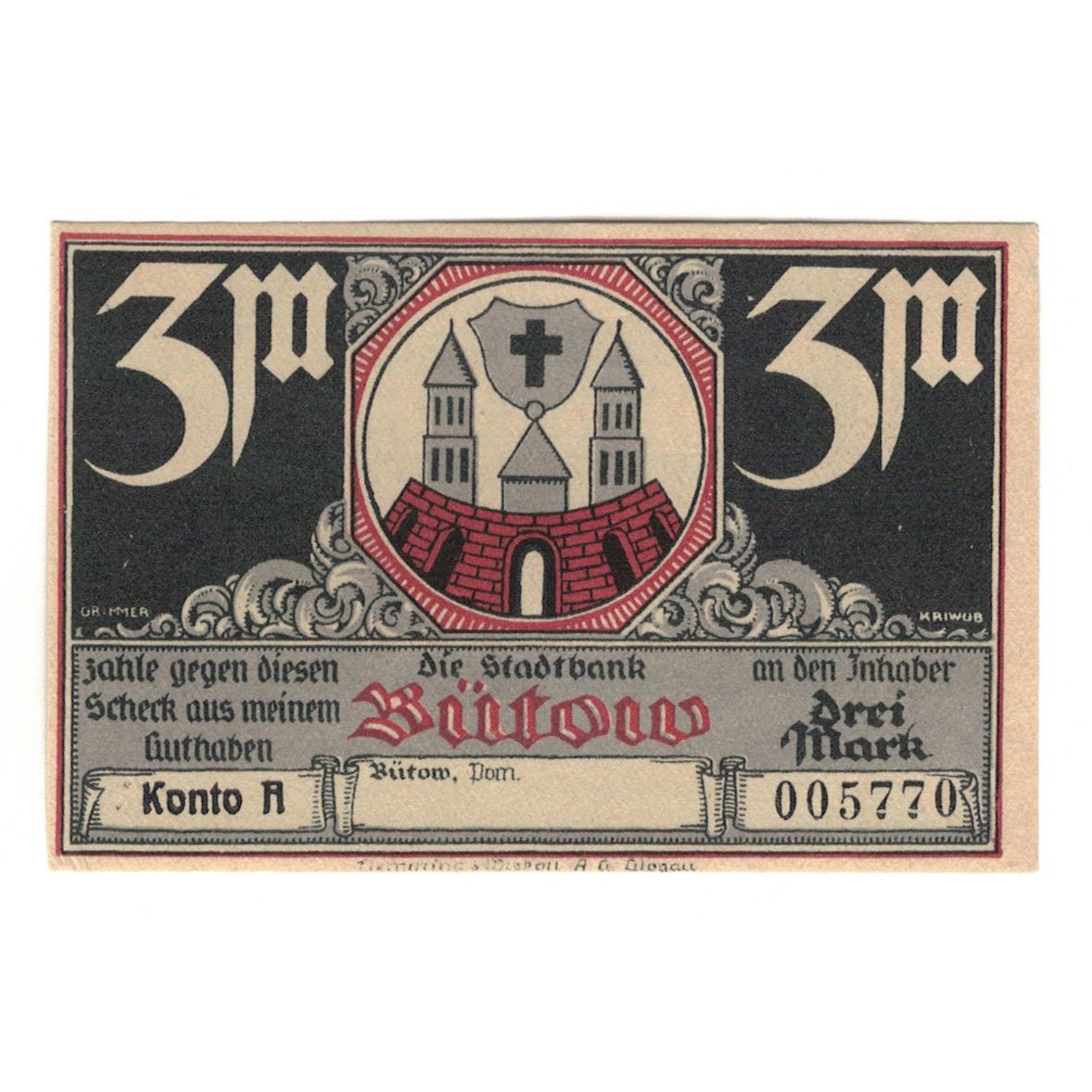 Banknot, Niemcy, Bütow, 3 Mark, batiment 2, 1922, UNC(60-62), Mehl:204.1b