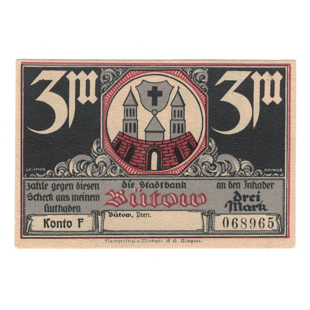 Banknot, Niemcy, Bütow, 3 Mark, batiment 3, 1922, UNC(60-62), Mehl:204.1b