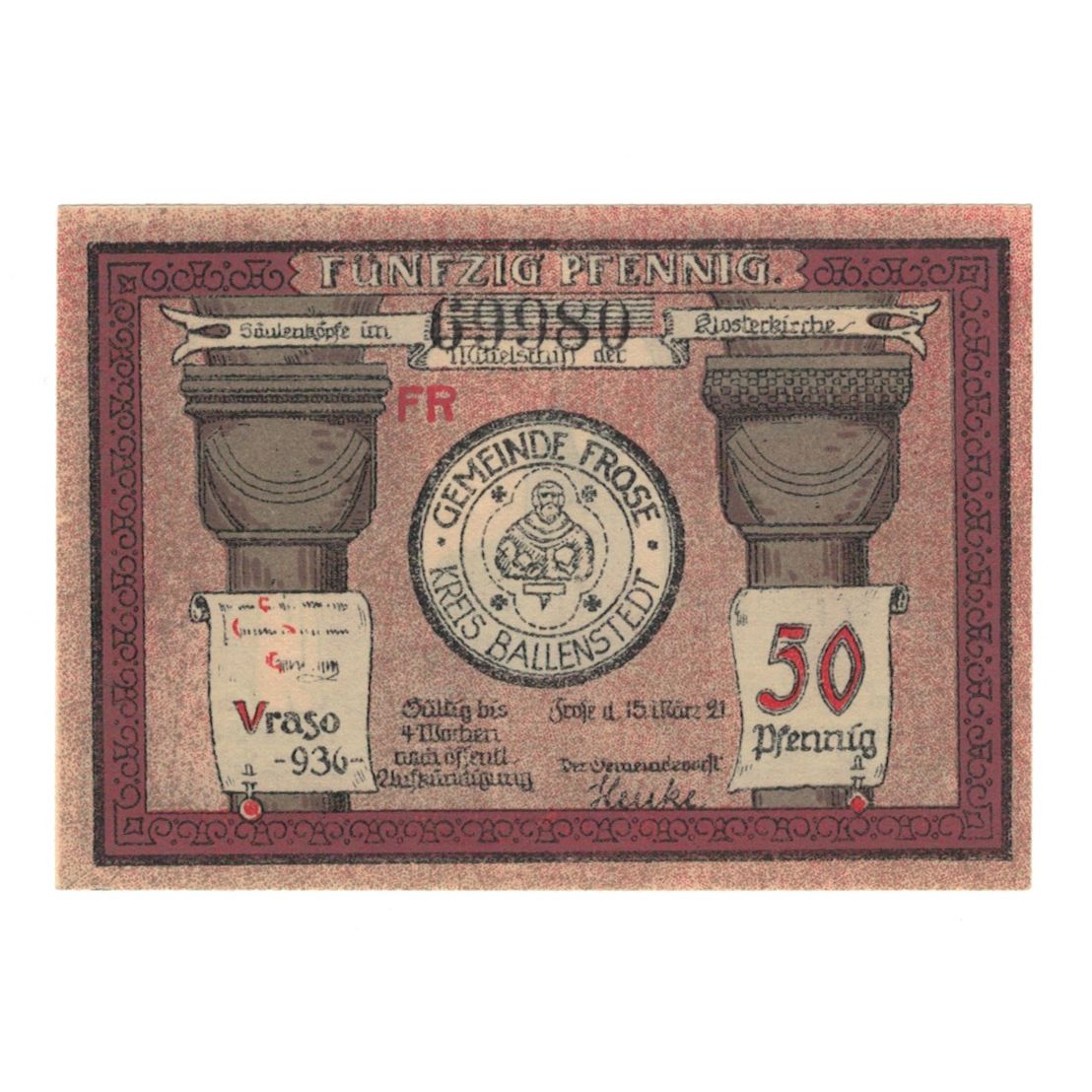 Geldschein, Deutschland, Frose Gemeinde, 50 Pfennig, Eglise, 1921, 1921-03-15