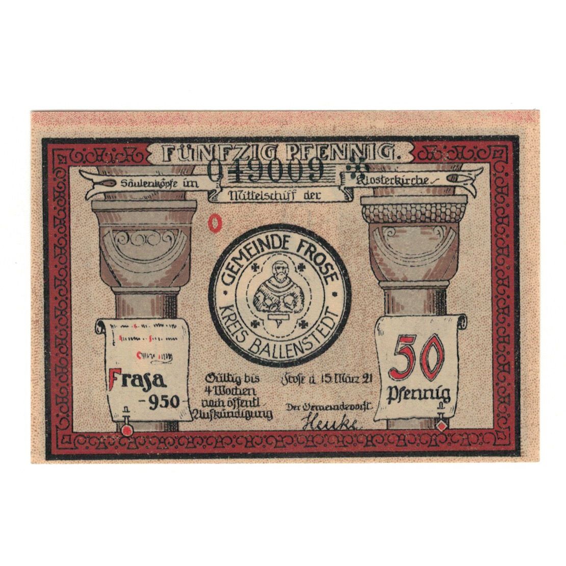 Billete, Alemania, Frose Gemeinde, 50 Pfennig, Eglise 1, 1921, 1921-03-15, EBC