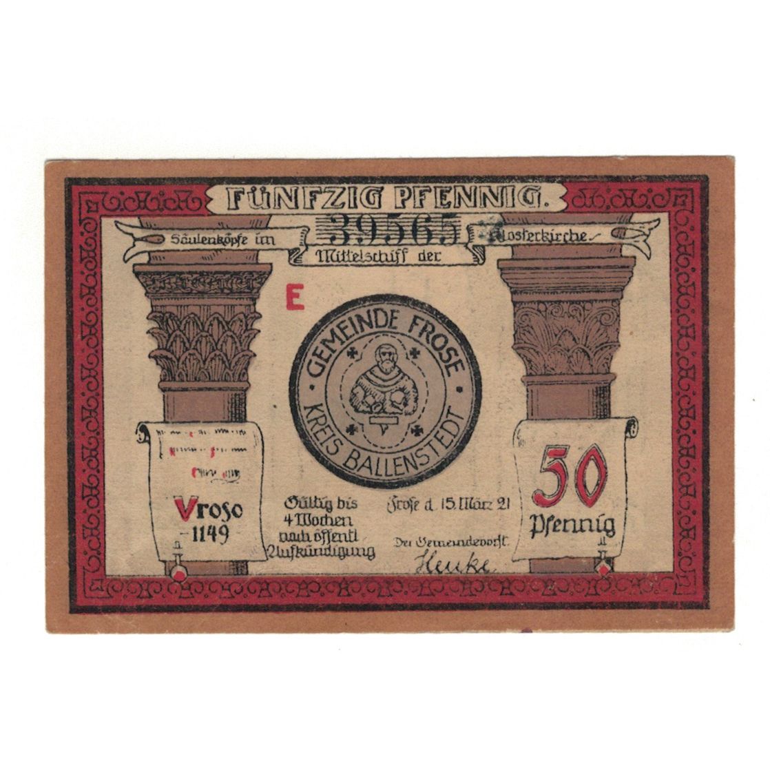 Billete, Alemania, Frose Gemeinde, 50 Pfennig, eglise 2, 1921, 1921-03-15, EBC