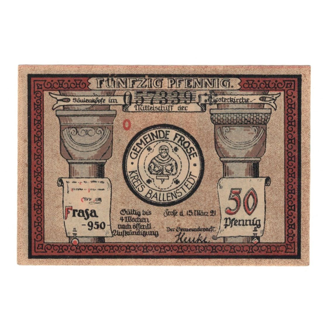 Banknot, Niemcy, Frose Gemeinde, 50 Pfennig, église 3, 1921, 1921-03-15