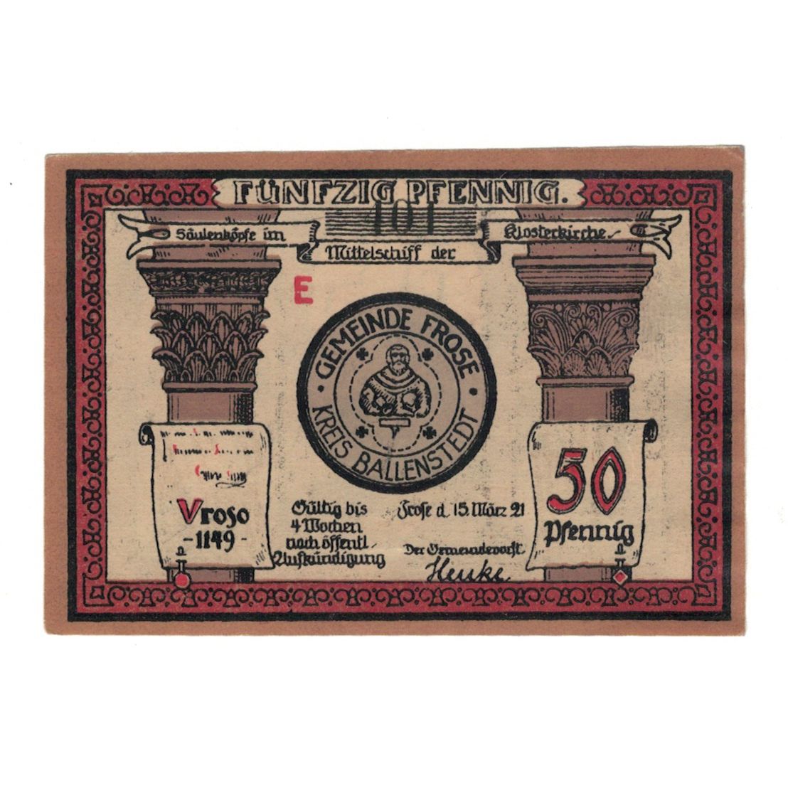 Billete, Alemania, Frose Gemeinde, 50 Pfennig, église 4, 1921, 1921-03-15, EBC
