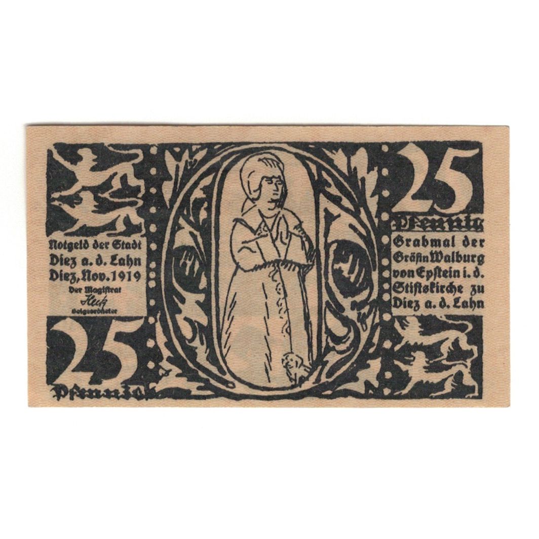 Banknot, Niemcy, Diez Stadt, 25 Pfennig, personnage, 1919, AU(55-58), Mehl:D15.5
