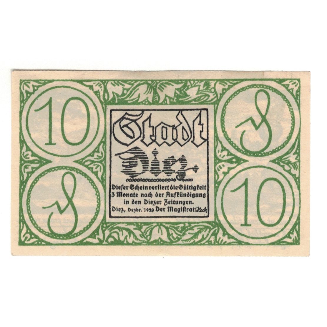 Banknot, Niemcy, Diez Stadt, 10 Pfennig, village, 1920, AU(55-58), Mehl:D15.6