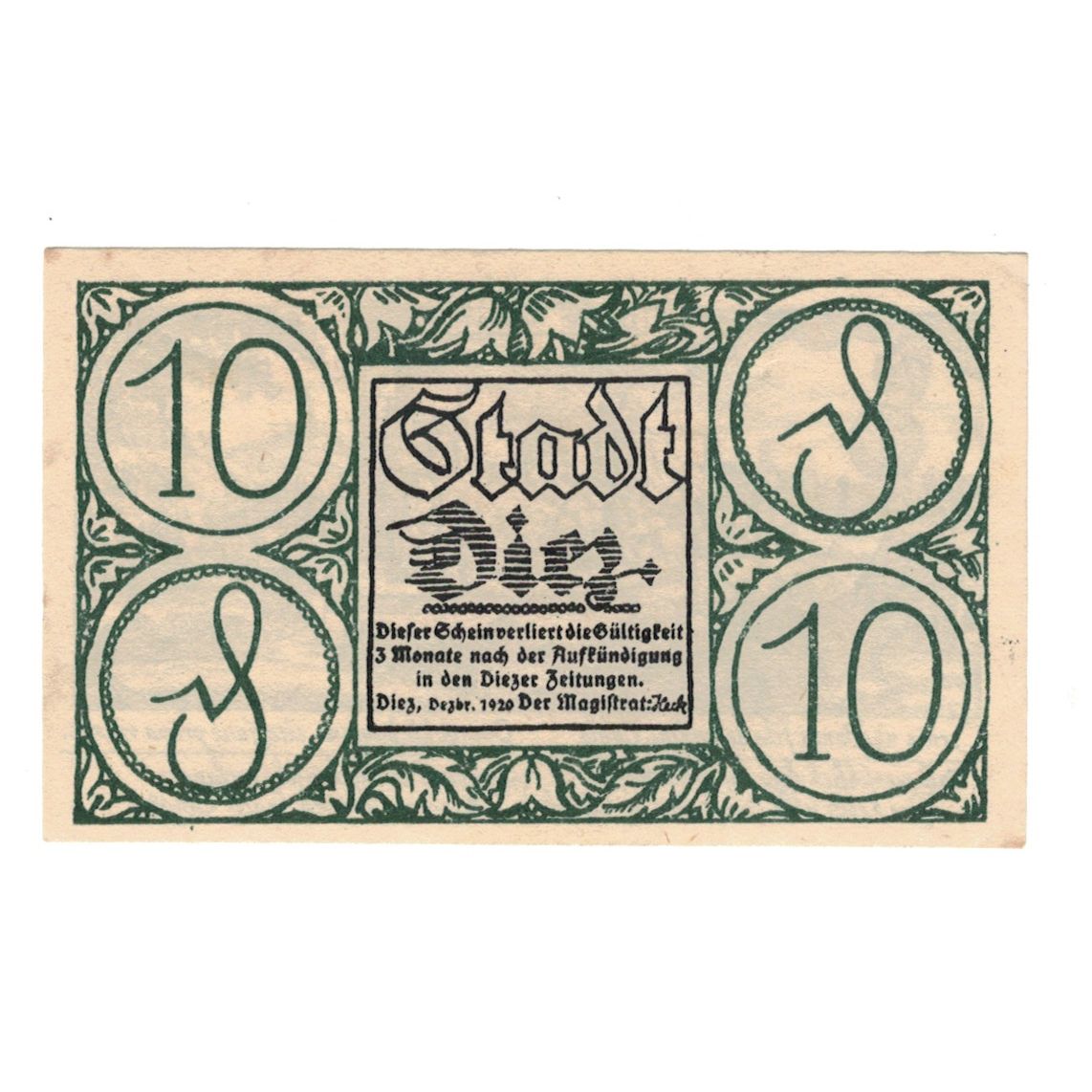 Banknot, Niemcy, Diez Stadt, 10 Pfennig, village 1, 1920, AU(55-58), Mehl:D15.6