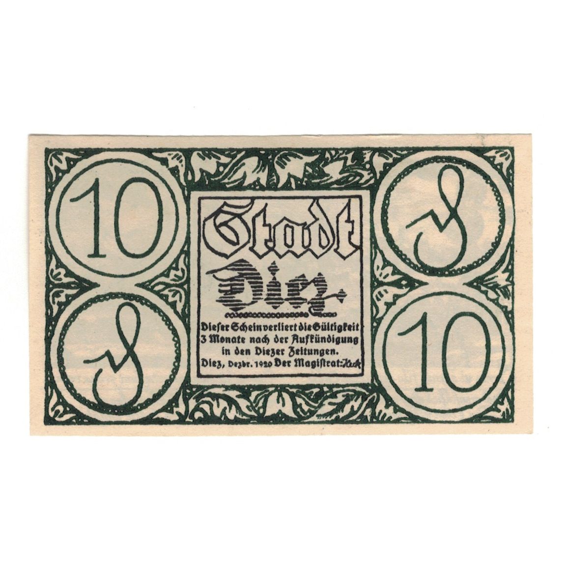 Banknot, Niemcy, Diez Stadt, 10 Pfennig, village 2, 1920, AU(55-58), Mehl:D15.6