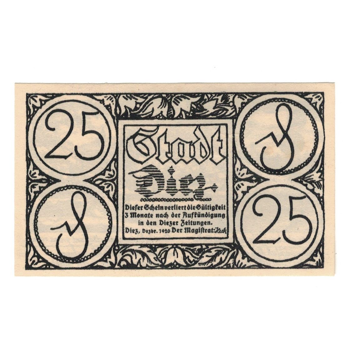 Geldschein, Deutschland, Diez Stadt, 25 Pfennig, village, 1920, VZ, Mehl:D15.6