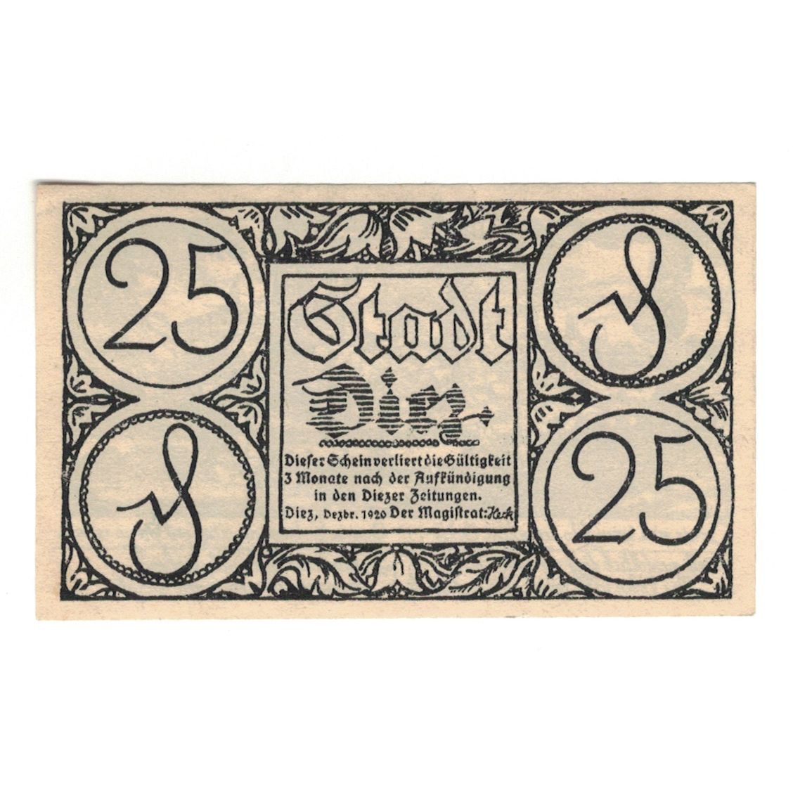 Banknot, Niemcy, Diez Stadt, 25 Pfennig, village 1, 1920, AU(55-58), Mehl:D15.6