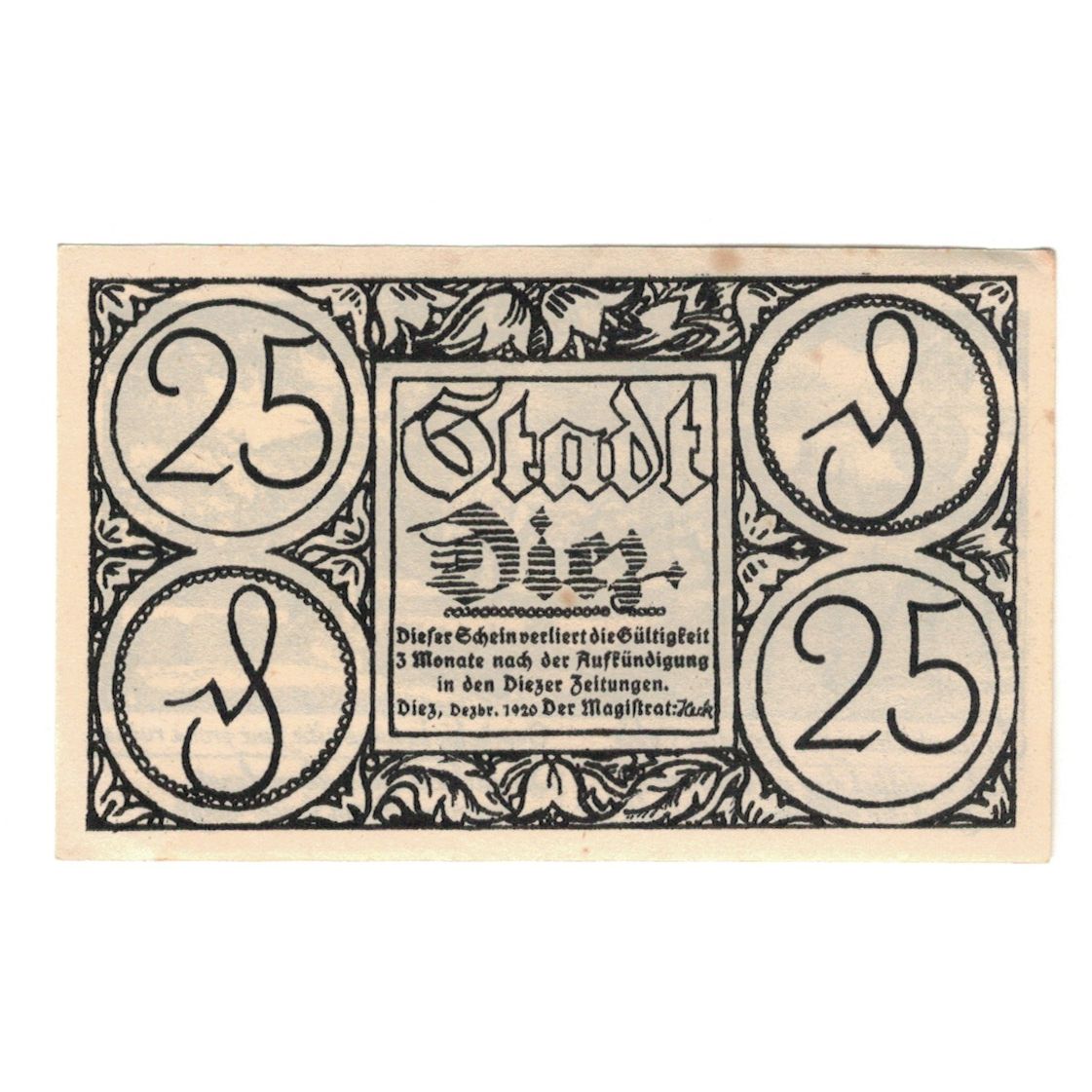 Banknot, Niemcy, Diez Stadt, 25 Pfennig, Village 4, 1920, AU(55-58), Mehl:D15.6