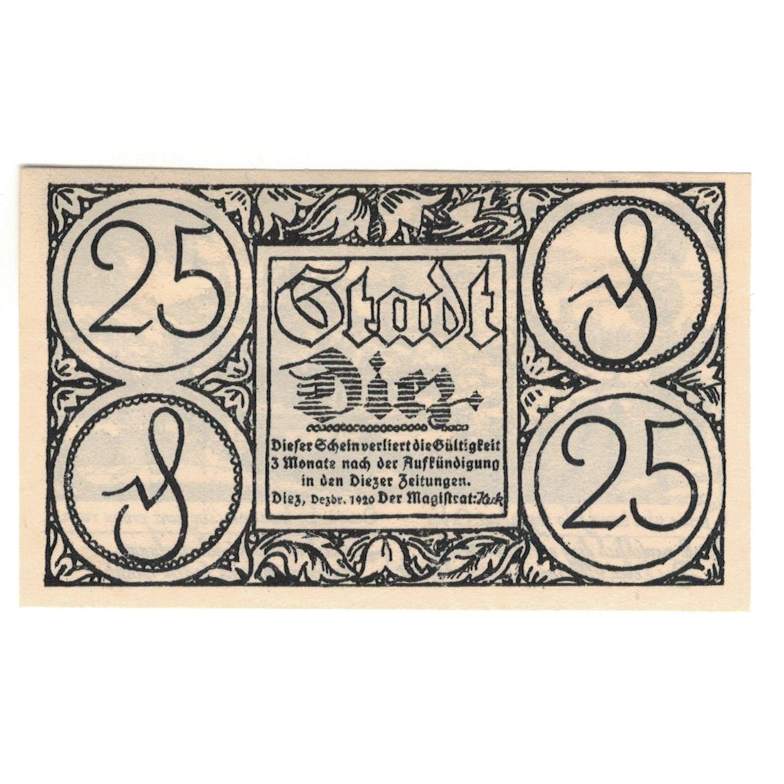 Geldschein, Deutschland, Diez Stadt, 25 Pfennig, Village 5, 1920, VZ, Mehl:D15.6