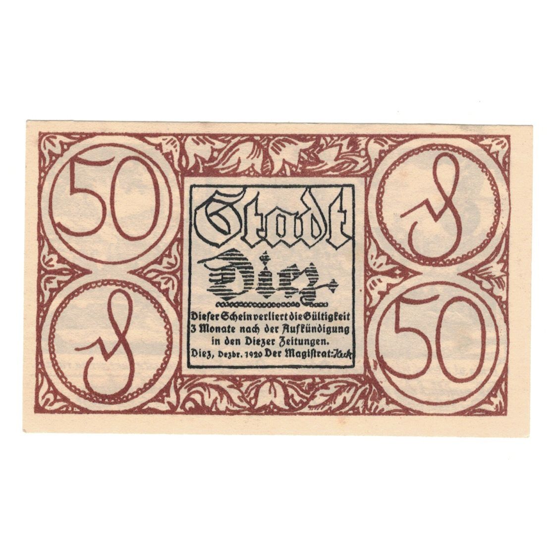 Banknot, Niemcy, Diez Stadt, 50 Pfennig, village, 1920, AU(55-58), Mehl:D15.6