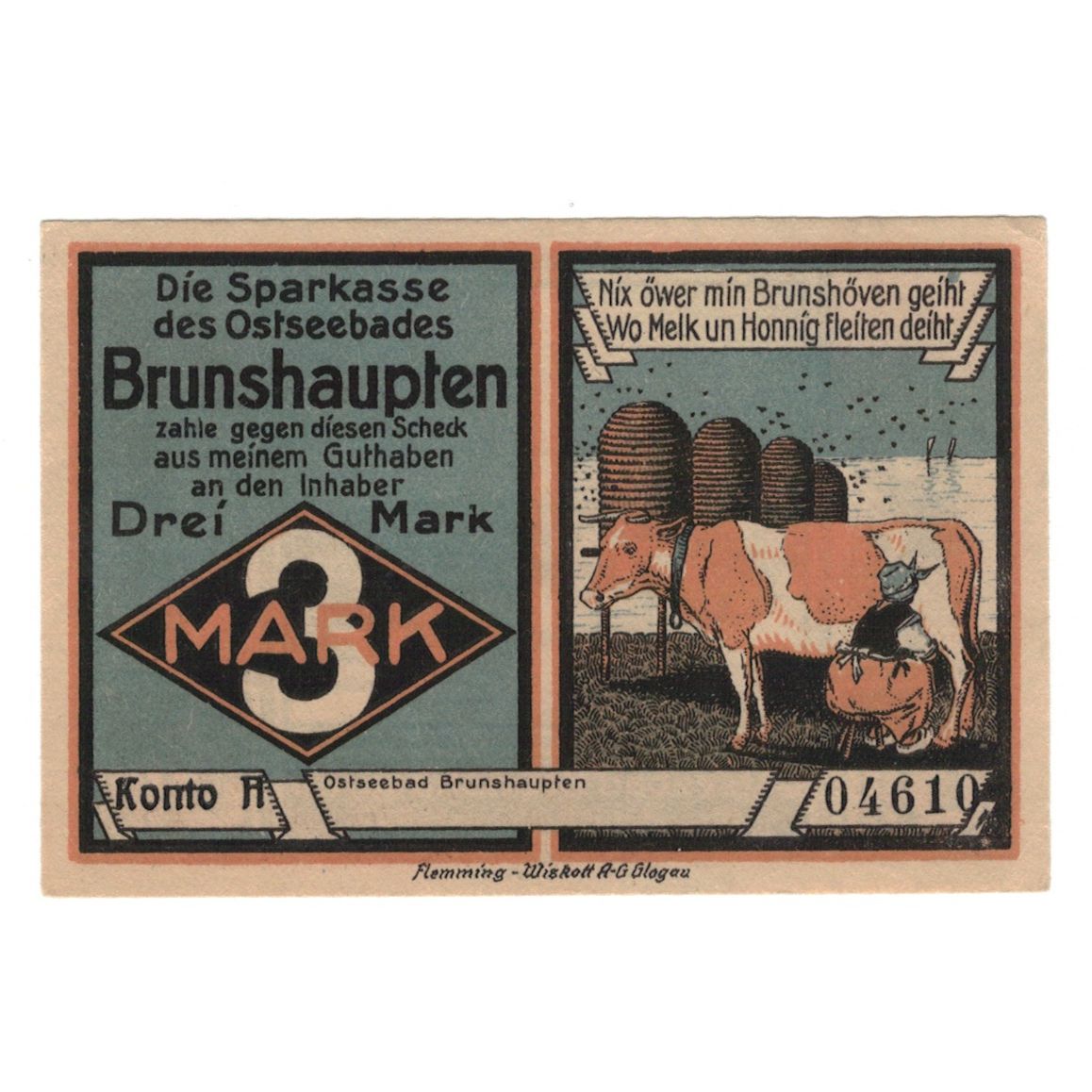 Geldschein, Deutschland, Brunshaupten, 3 Mark, personnage, 1922, VZ+