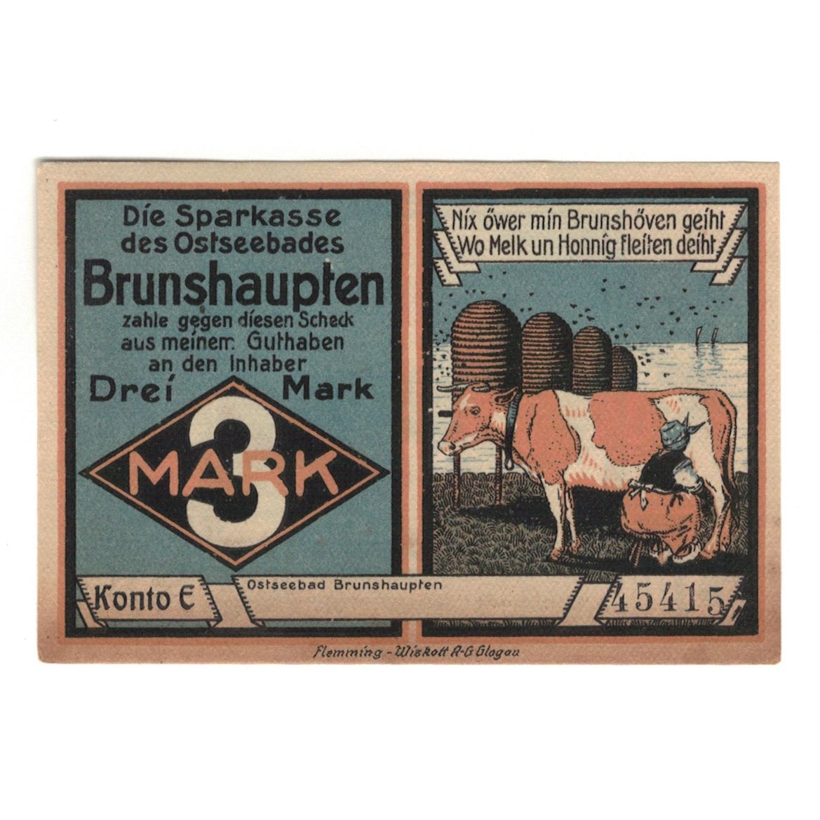 Banknot, Niemcy, Brunshaupten, 3 Mark, personnage 1, 1922, UNC(60-62)
