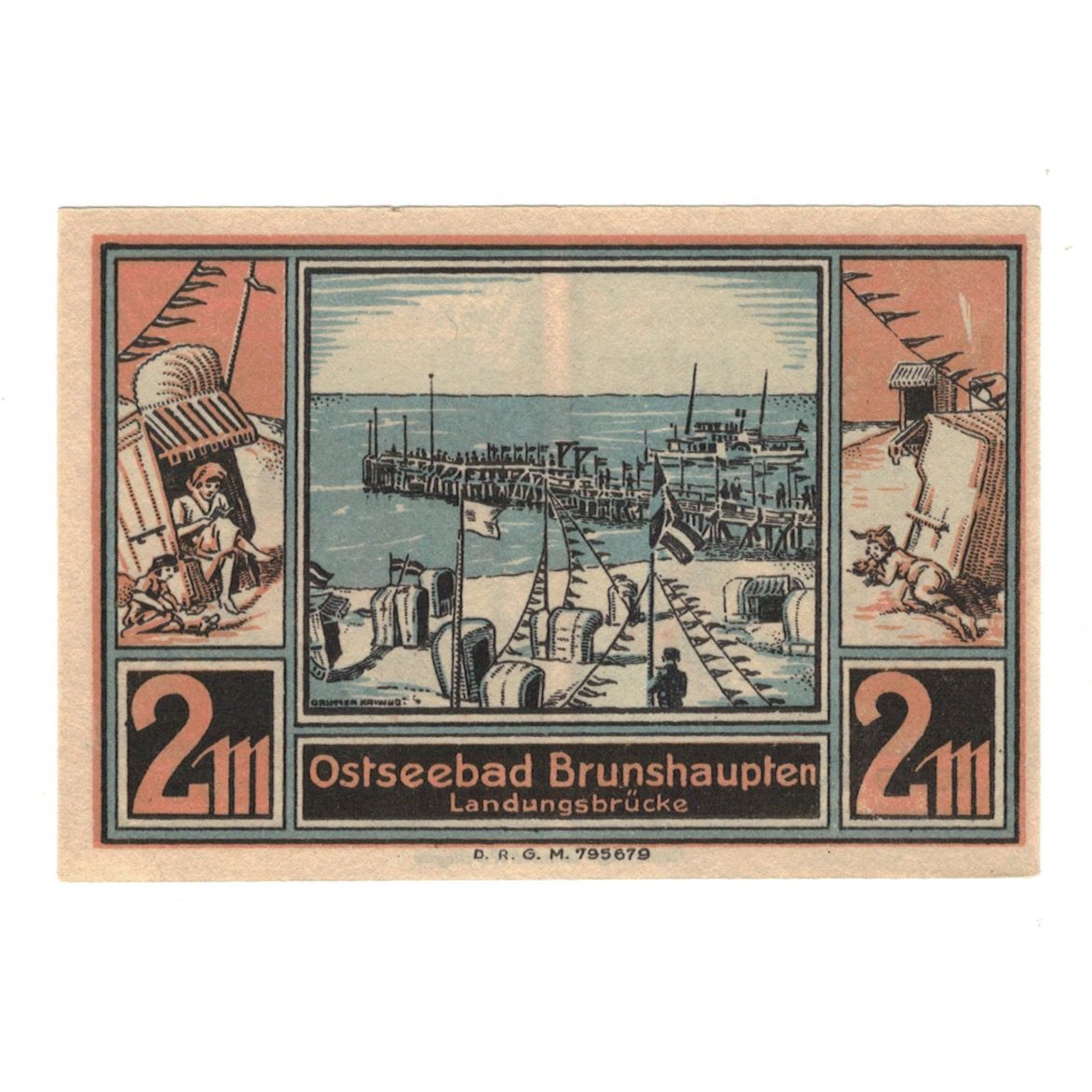 Banknot, Niemcy, Brunshaupten, 2 Mark, plage, 1922, UNC(60-62), Mehl:195.2a