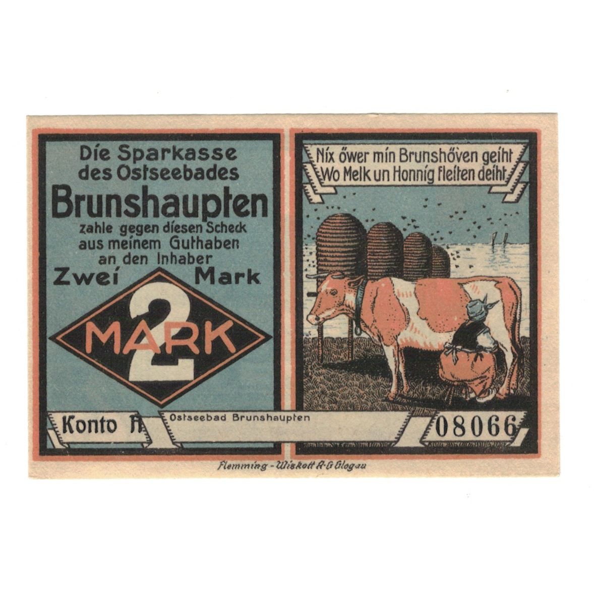 Banknot, Niemcy, Brunshaupten, 2 Mark, plage, 1922, UNC(60-62), Mehl:195.2a