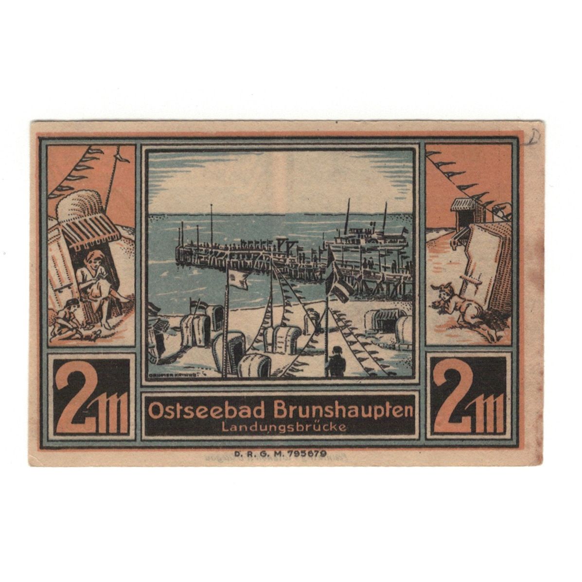 Banknot, Niemcy, Brunshaupten, 2 Mark, plage 1, 1922, UNC(60-62), Mehl:195.2a