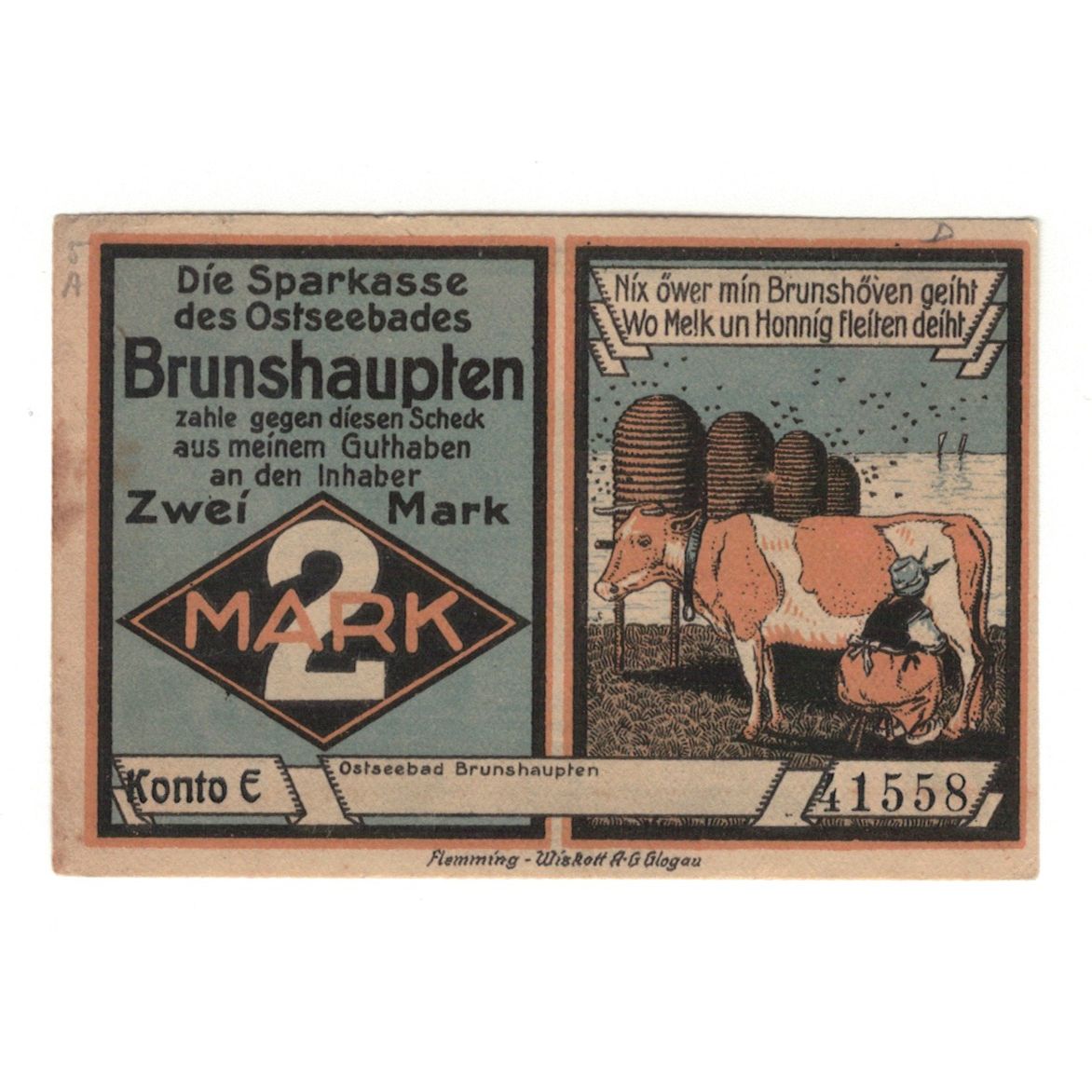 Banknot, Niemcy, Brunshaupten, 2 Mark, plage 1, 1922, UNC(60-62), Mehl:195.2a