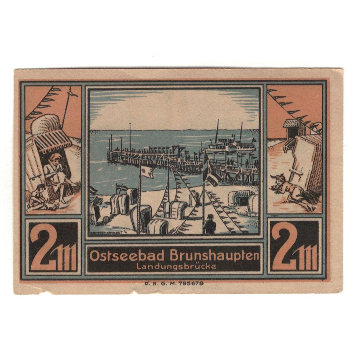 Banknot, Niemcy, Brunshaupten, 2 Mark, plage 2, 1922, UNC(60-62), Mehl:195.2a