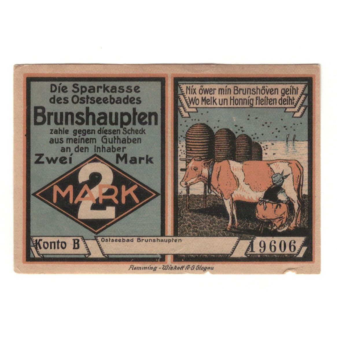 Banknot, Niemcy, Brunshaupten, 2 Mark, plage 2, 1922, UNC(60-62), Mehl:195.2a