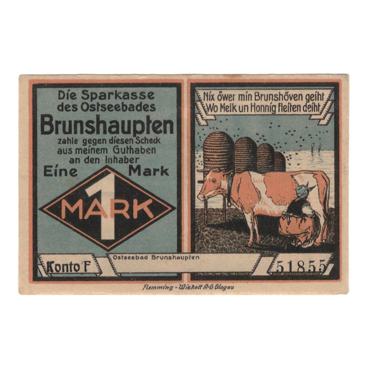 Billet, Allemagne, Brunshaupten, 1 Mark, plage, 1922, SUP+, Mehl:195.2a