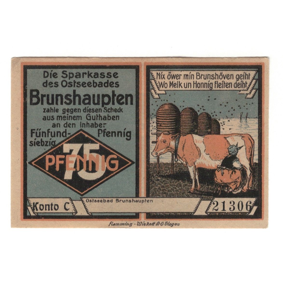 Nota, Alemanha, Brunshaupten, 75 Pfennig, plage, 1922, UNC(60-62), Mehl:195.2a