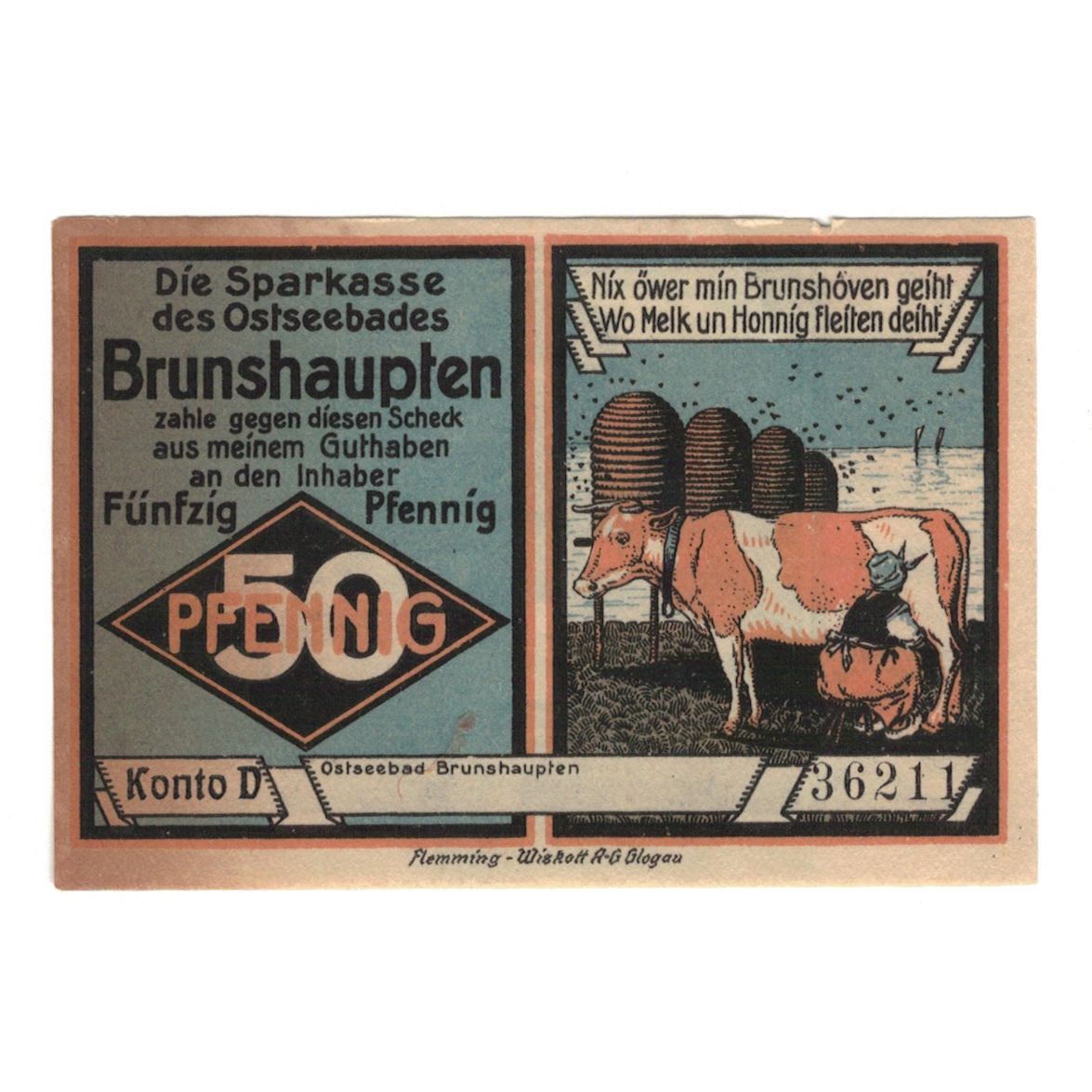Geldschein, Deutschland, Brunshaupten, 50 Pfennig, village, 1922, VZ+