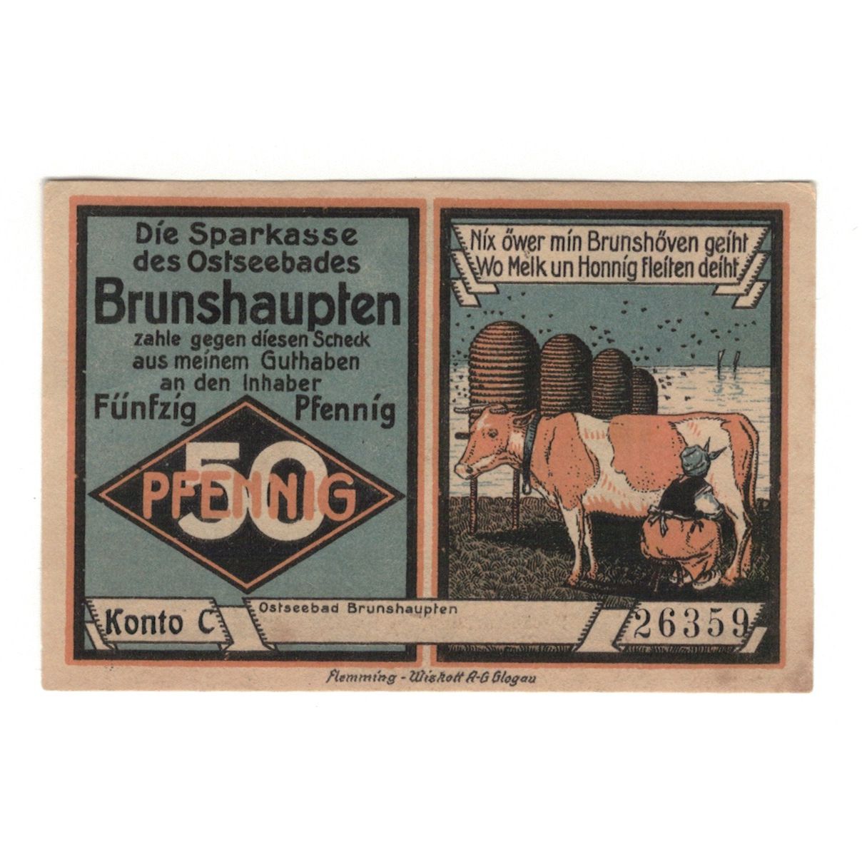 Geldschein, Deutschland, Brunshaupten, 50 Pfennig, village 1, 1922, VZ+