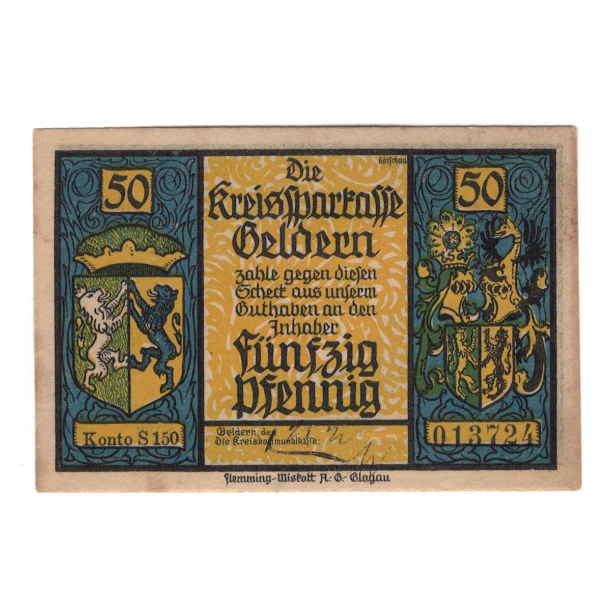Banknote, Germany, Geldern Kreiskommunalkasse, 50 Pfennig, dragon, 1922