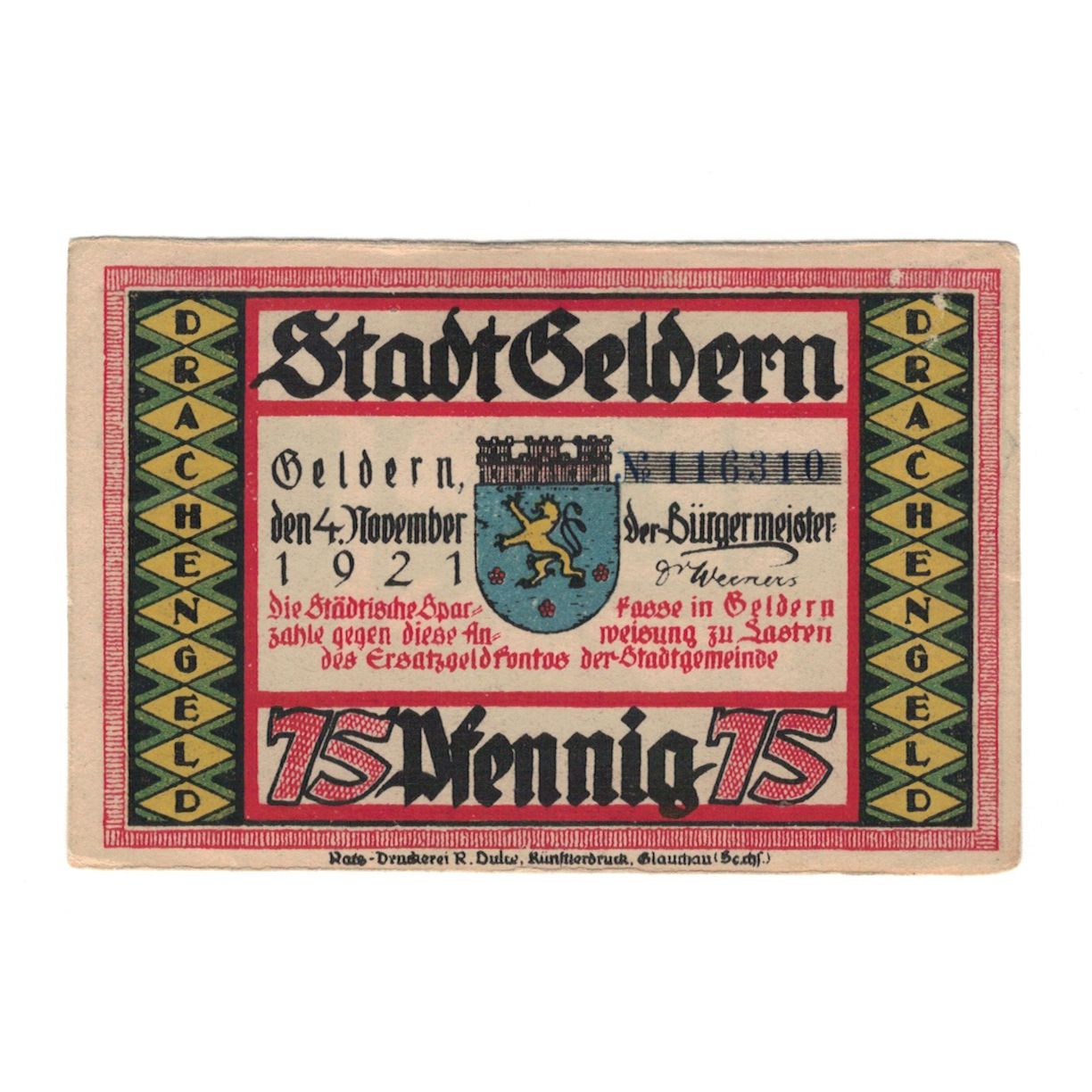 Nota, Alemanha, Geldern Stadt, 75 Pfennig, dragon, 1922, 1922-05-01, UNC(60-62)