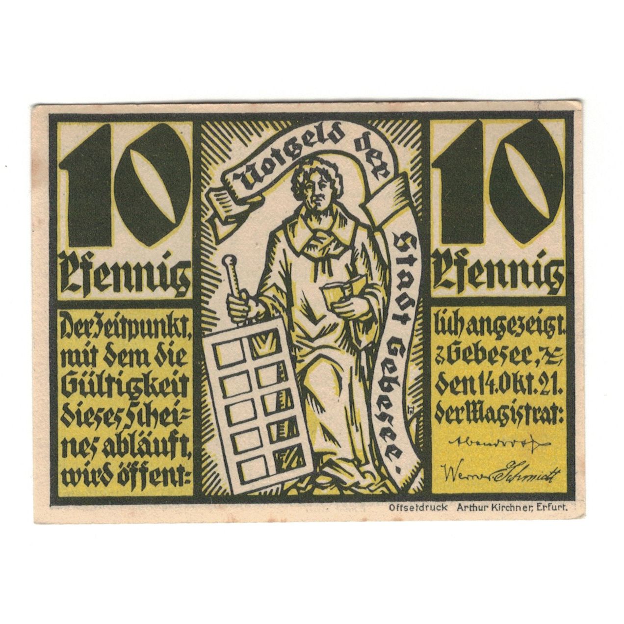 Nota, Alemanha, Gebesee Stadt, 10 Pfennig, personnage, 1921, 1921-10-14
