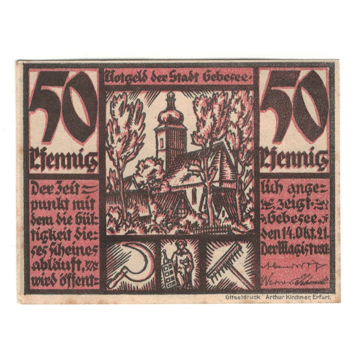 Banknot, Niemcy, Gebesee Stadt, 50 Pfennig, village, 1921, 1921-10-14