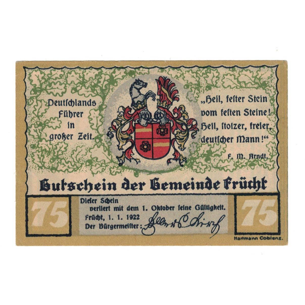 Banknot, Niemcy, Frücht bei Ems Gemeinde, 75 Pfennig, personnage, 1922