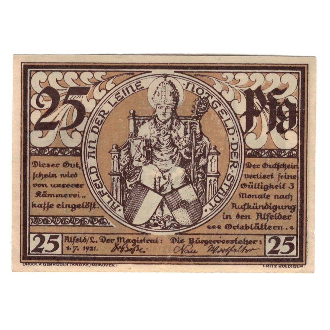 Banknot, Niemcy, Alfeld Stadt, 25 Pfennig, personnage, 1921, 1921-07-01