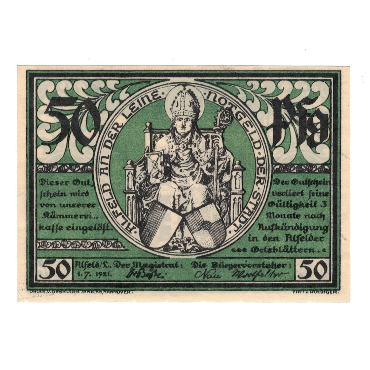 Banknot, Niemcy, Alfeld Stadt, 50 Pfennig, personnage, 1921, 1921-07-01