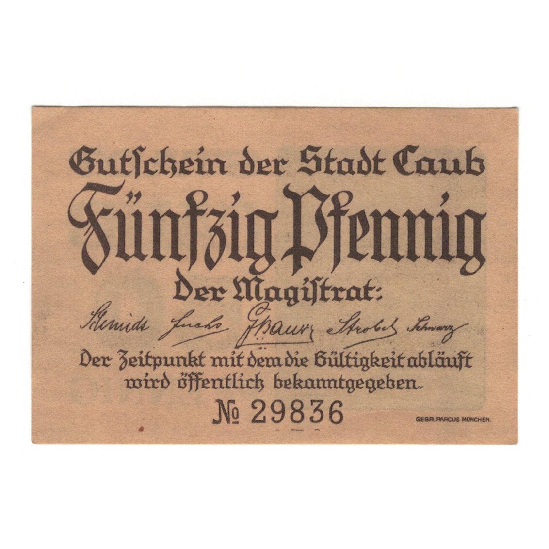 Banknot, Niemcy, Caub Stadt, 50 Pfennig, Maison, 1920, UNC(60-62), Mehl:C10.1a