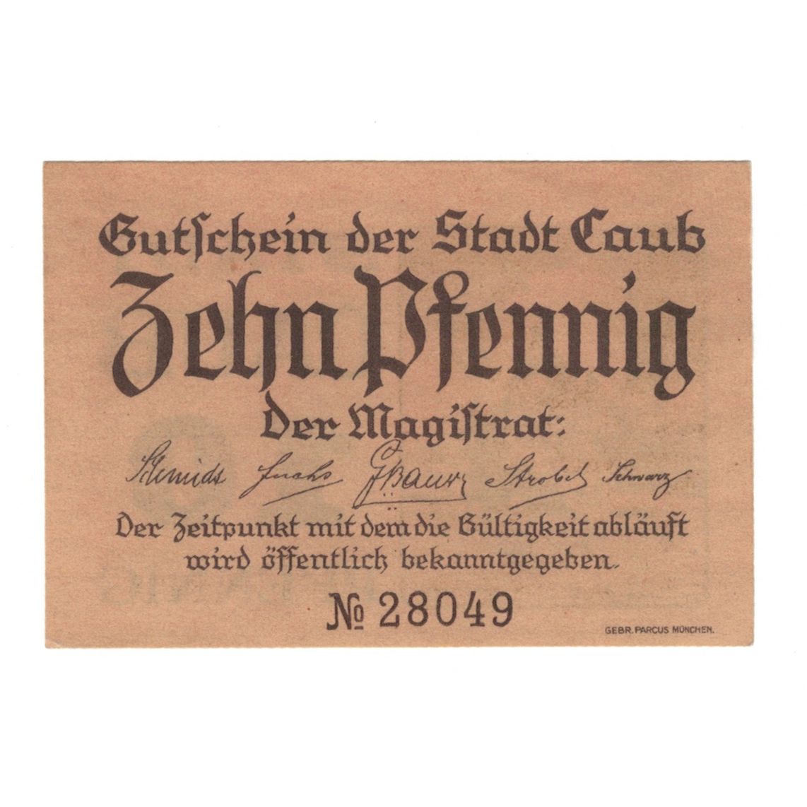 Geldschein, Deutschland, Caub Stadt, 10 Pfennig, Maison, 1920, VZ+, Mehl:C10.1a